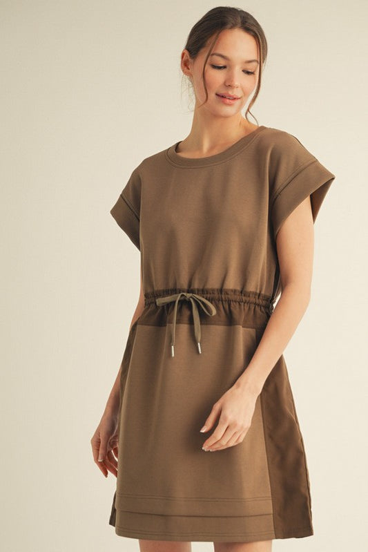 Drawstring Jersey Dress - Olive-Brown