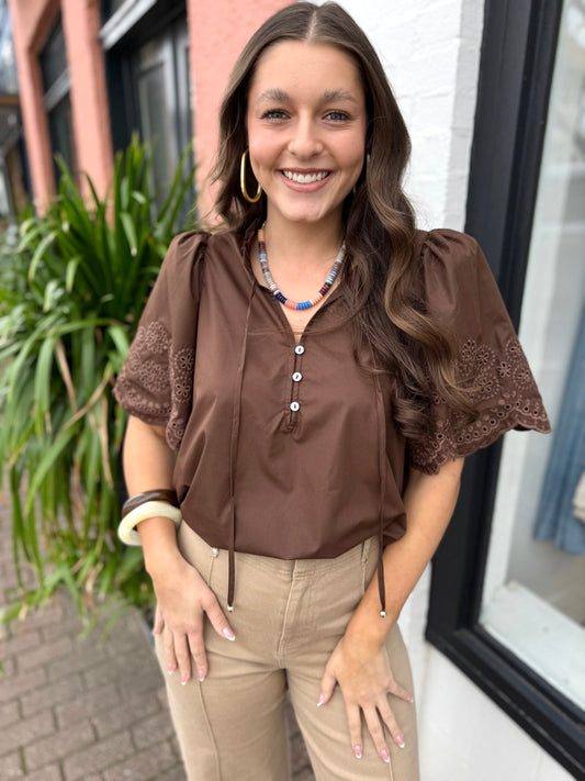 Eyelet Embroidery Flared Top - Brown