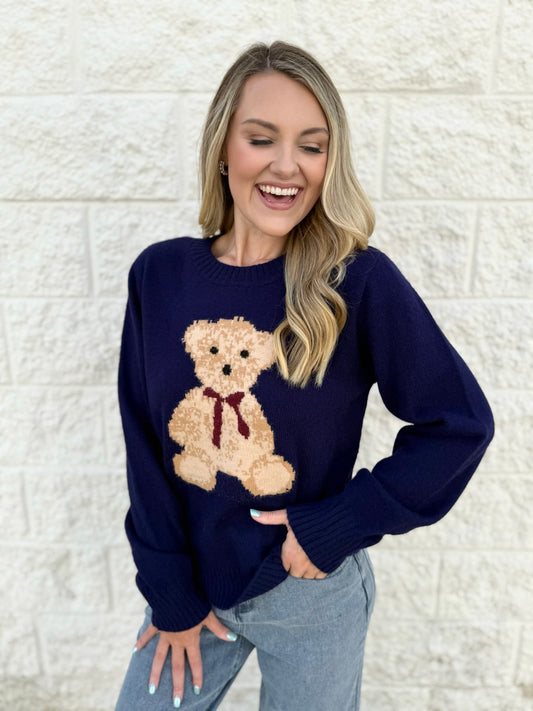 Cutesy Teddy Bear Sweater - Navy