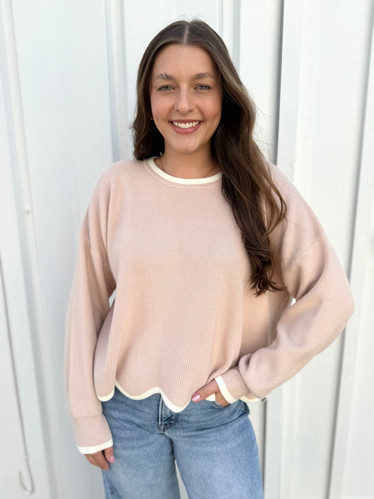 Contrast Scallop Hem Sweater - Taupe