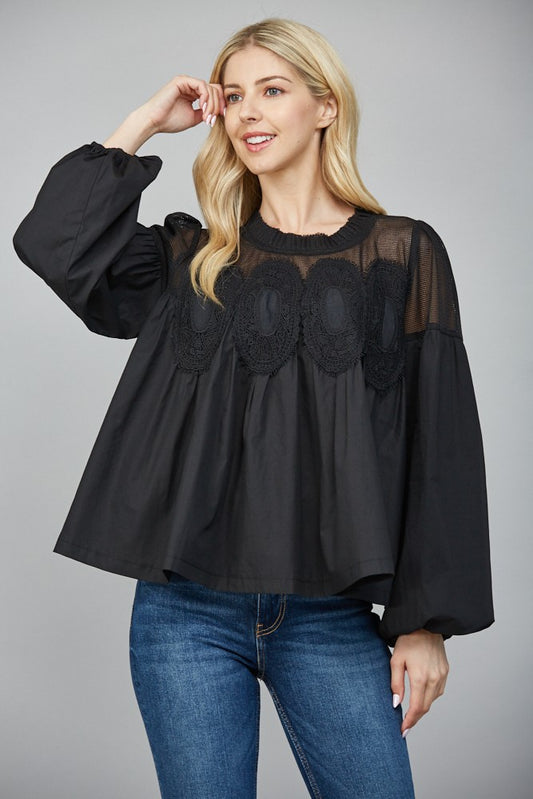 Lace Applique Long Sleeve Blouse - Black