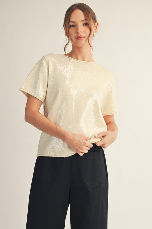 Tiny Sequins Knit Top - Cream