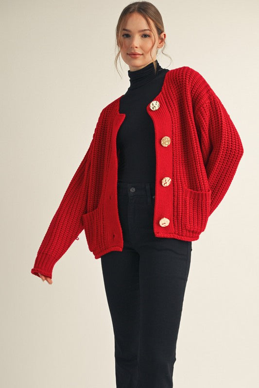 Chunky Button Cardigan - Red