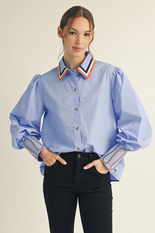 Embroidery Accent Shirt  - Blue