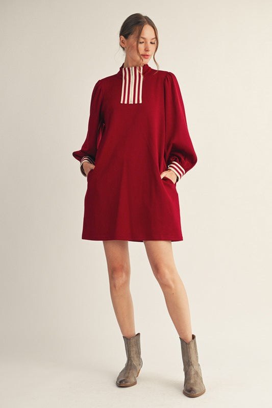 Stripe Contrast Zip Dress - Burgandy