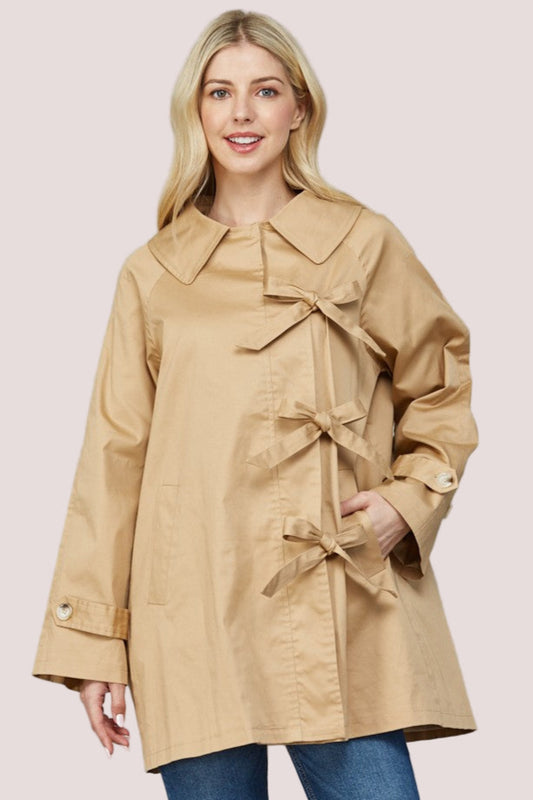 Asymmestric Bow Tie Collar Coat - Khaki