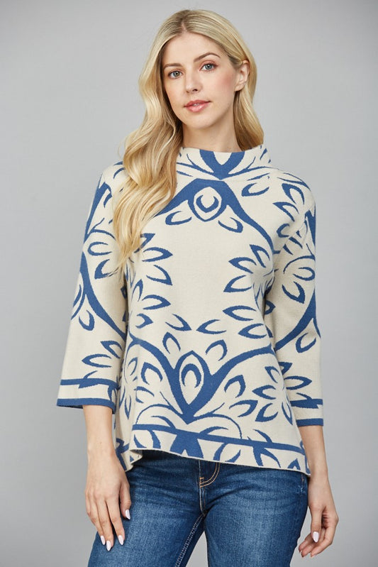 Jacquard Knit Mock Neck Sweater