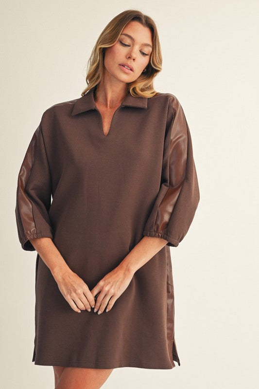 Vegan Leather Accent Shift Dress - Brown