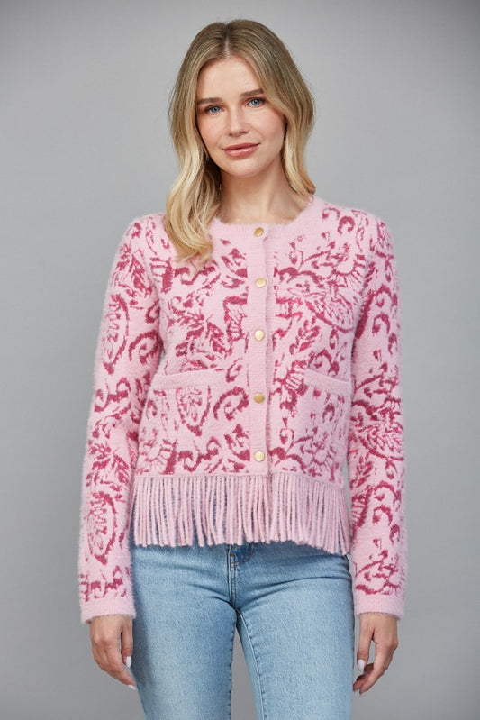 Jacquard Patterned Cardigan with Fringe