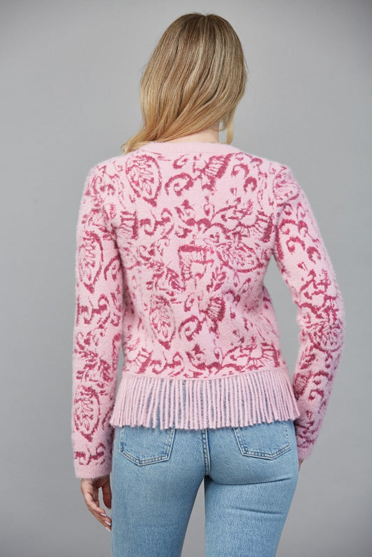 Jacquard Patterned Cardigan with Fringe