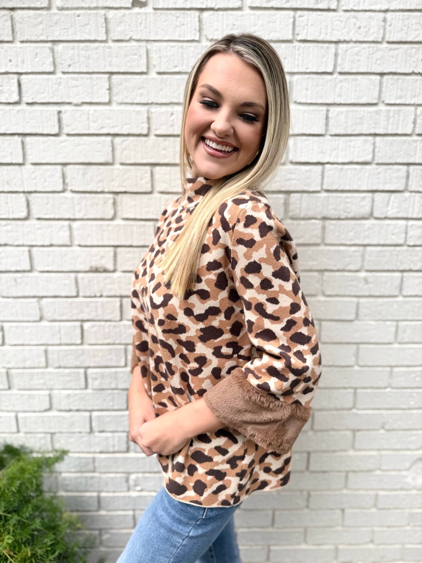 Fur Cuff Animal Print Sweater