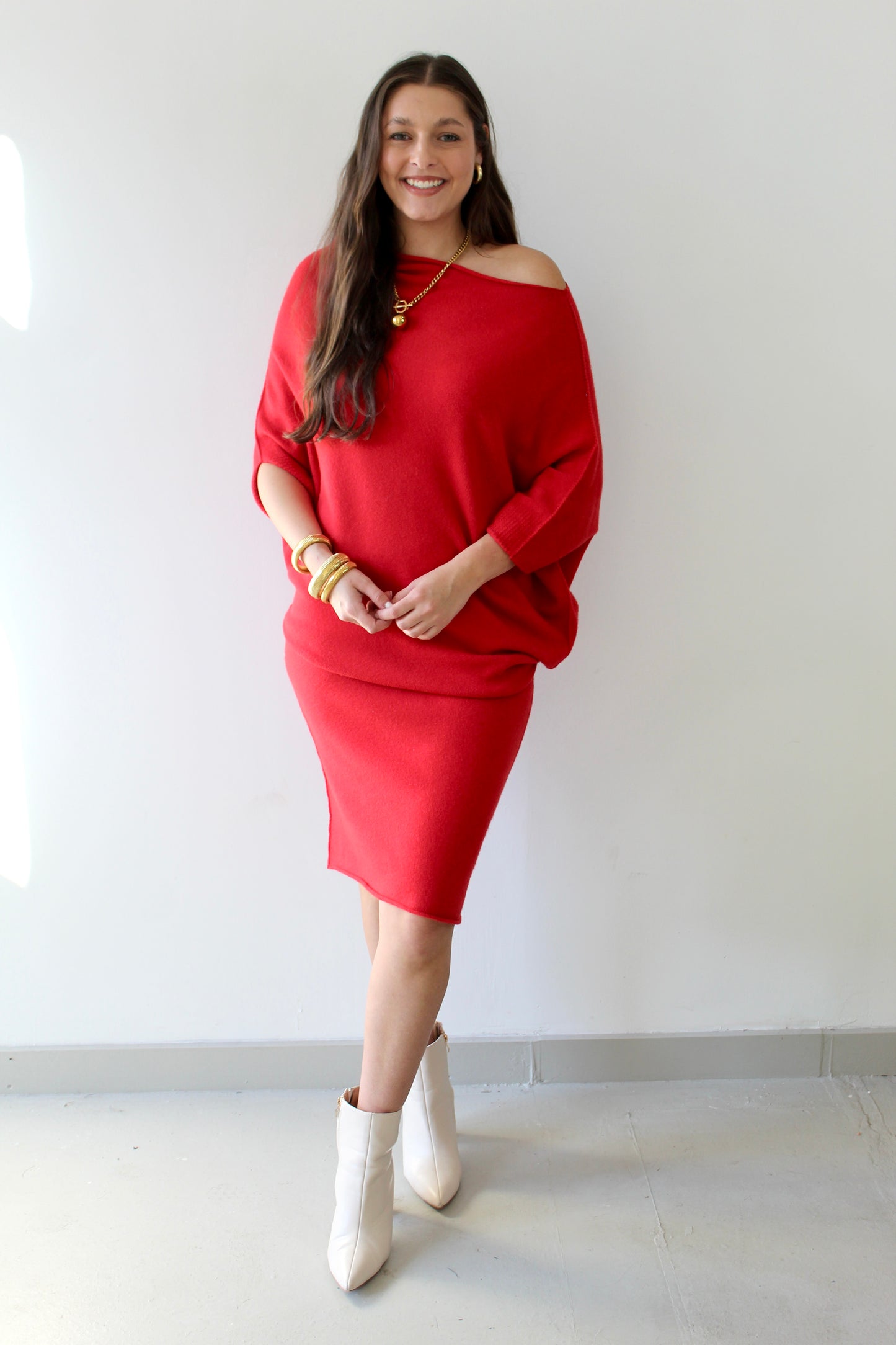 Asymmetrical Sweater Dress - Red