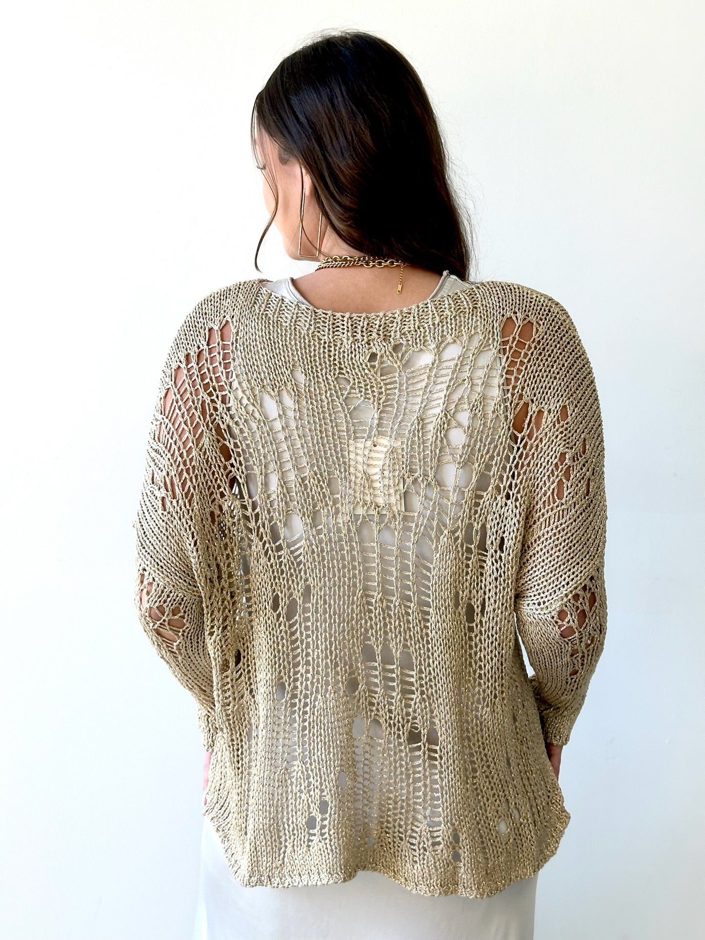 Metallic Crochet Tunic Sweater - Gold