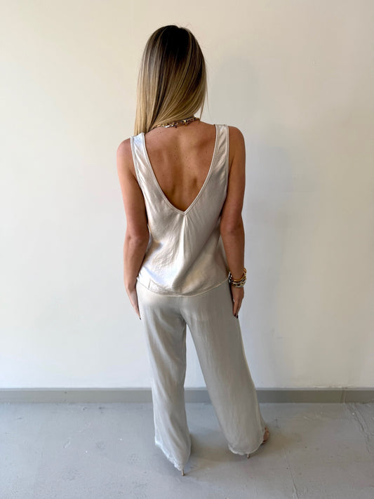 Italian V Neck Wide Strap Tank - Beige