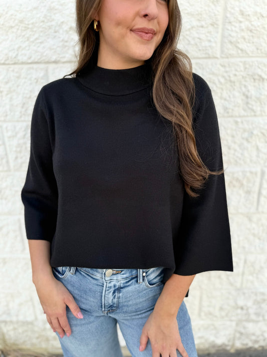 Mock Neck Bell Sleeve Sweater - Black
