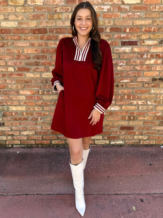 Stripe Contrast Zip Dress - Burgandy