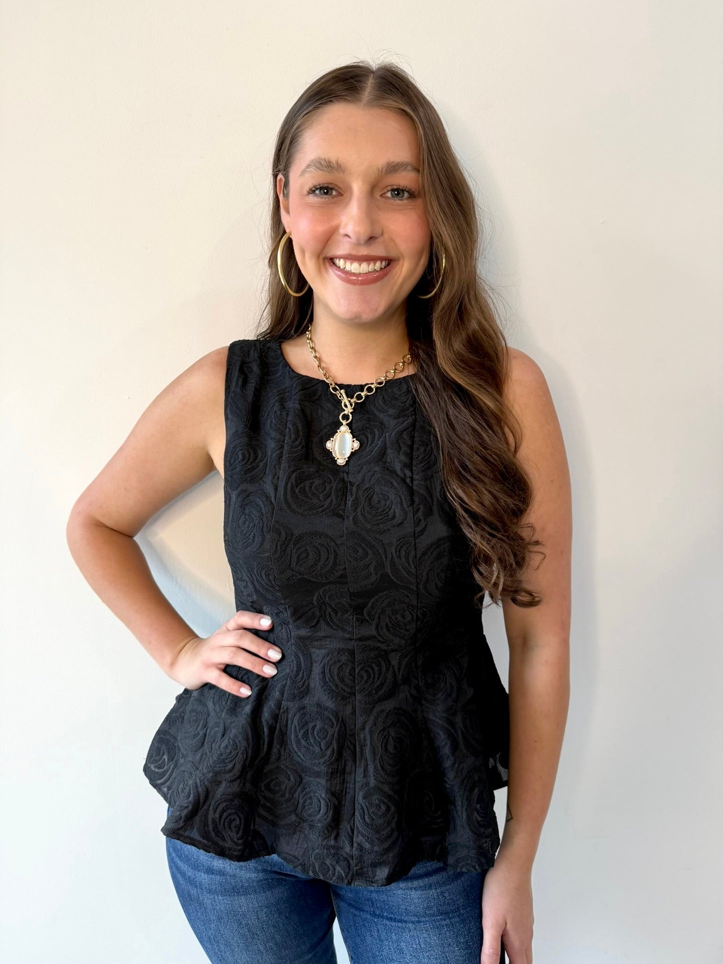 Black Textured Peplum Top