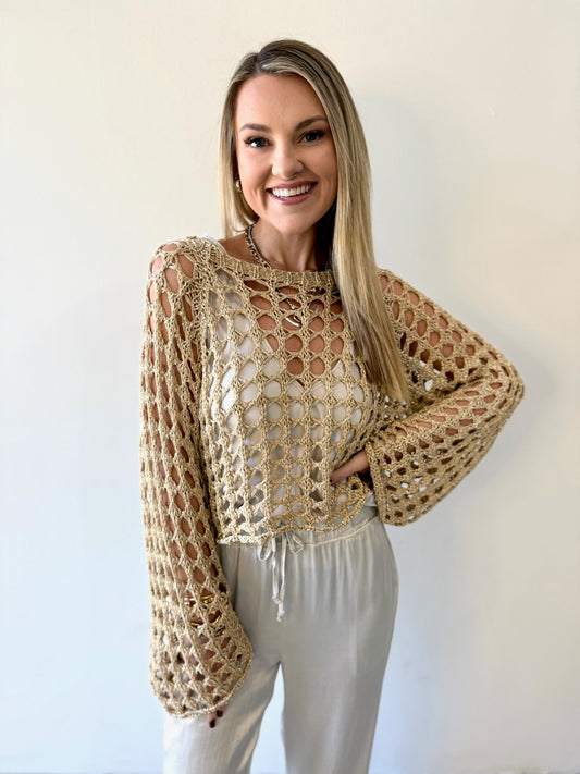 Crochet  Open Bell Sleeve Top  - Gold