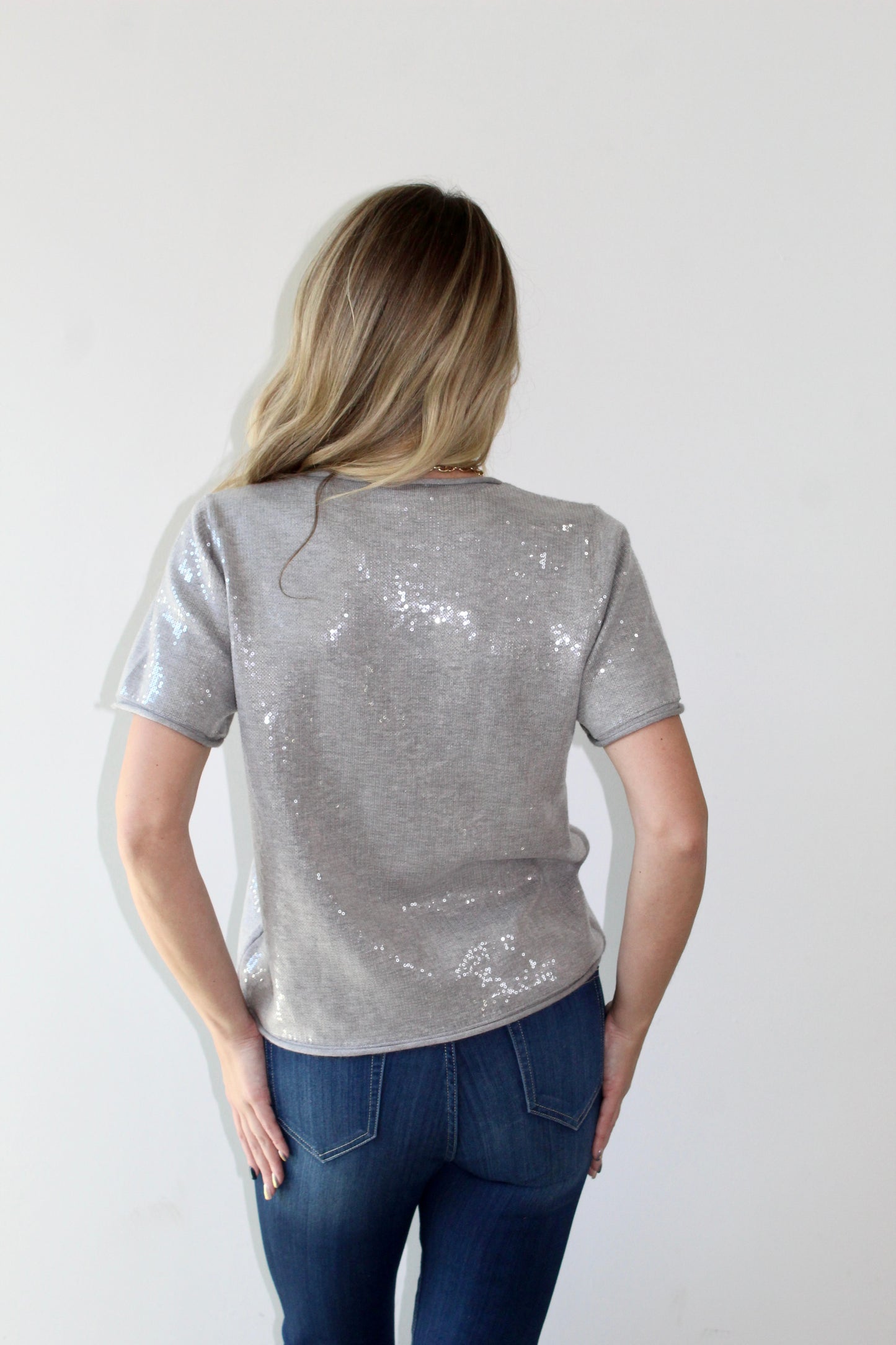 Tiny Sequins Knit Top -Heather Grey