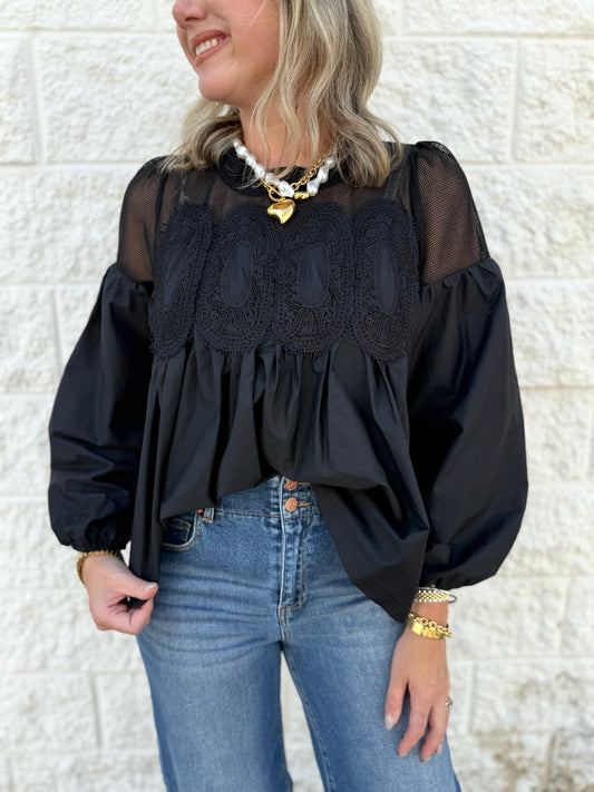 Lace Applique Long Sleeve Blouse - Black