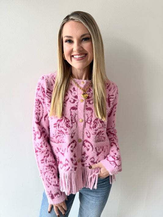 Jacquard Patterned Cardigan with Fringe