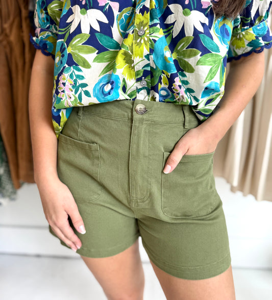 Oleta Button Shorts-  Olive