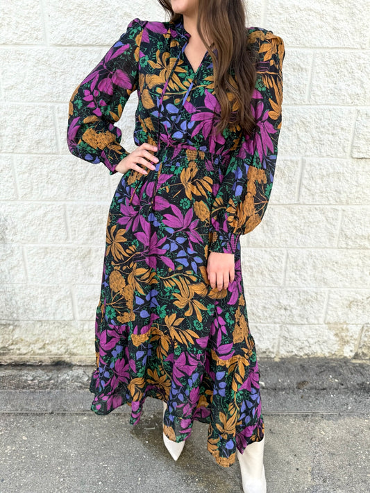 Bold Floral Print Tie Neck Maxi Dress - Black