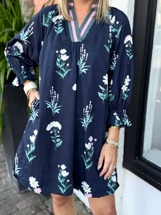 Plant Print V Neck Dress