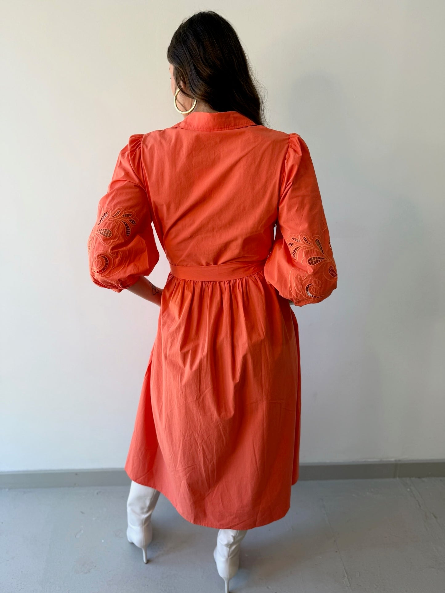 Broderie Midi Shirt Dress - Orange