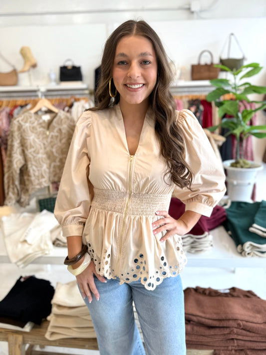 Smock Waist Scallop Eyelet Top