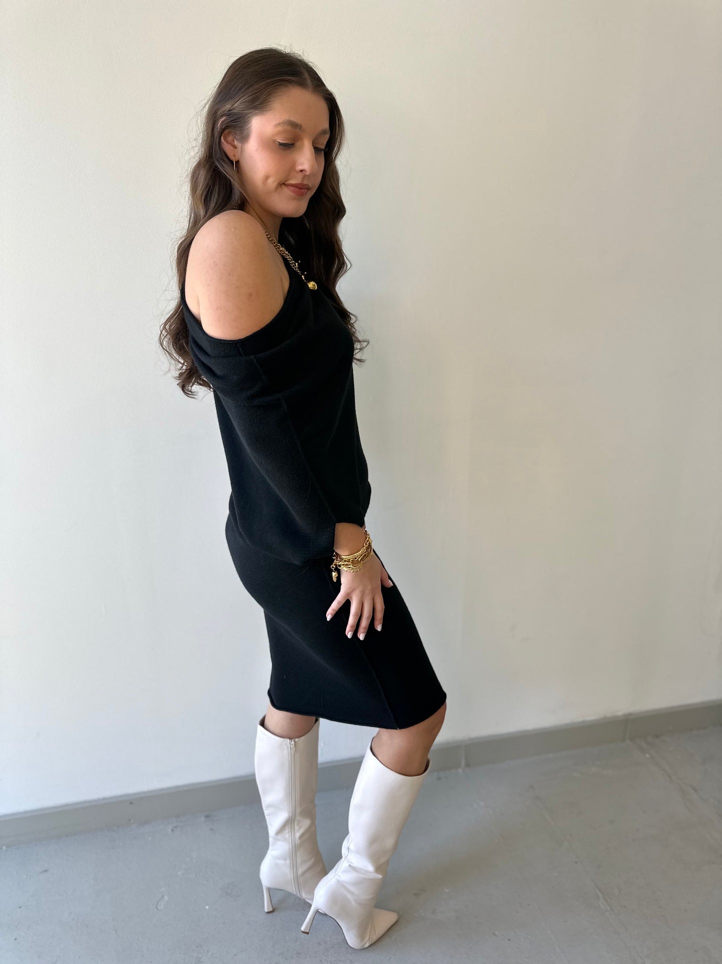 Asymmetrical Sweater Dress -Black