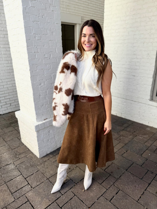 High Waisted A Line Vegan Suede Skirt