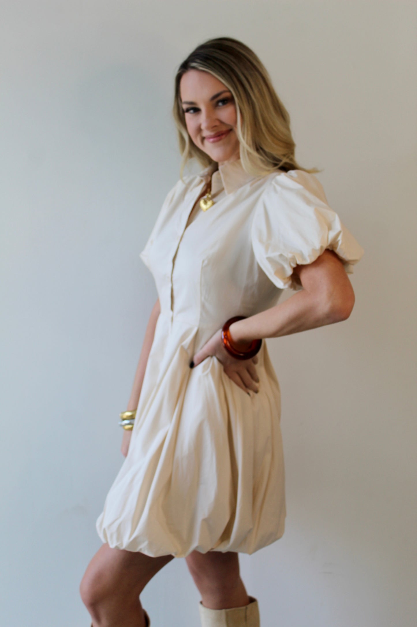 Bubble Hem Mini Shirt Dress - Eggshell