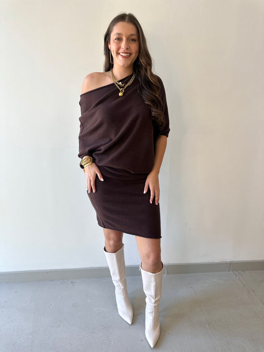 Asymmetrical Sweater Dress - Brown