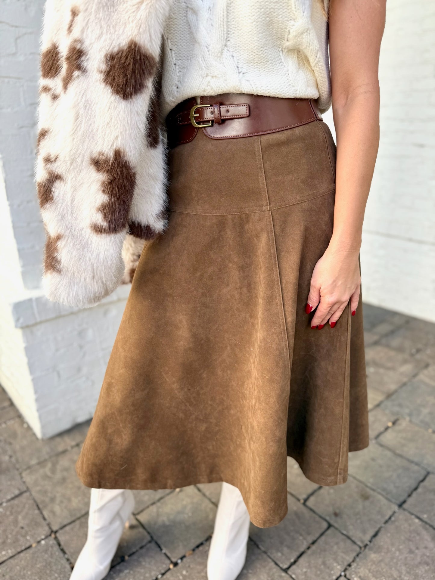 High Waisted A Line Vegan Suede Skirt
