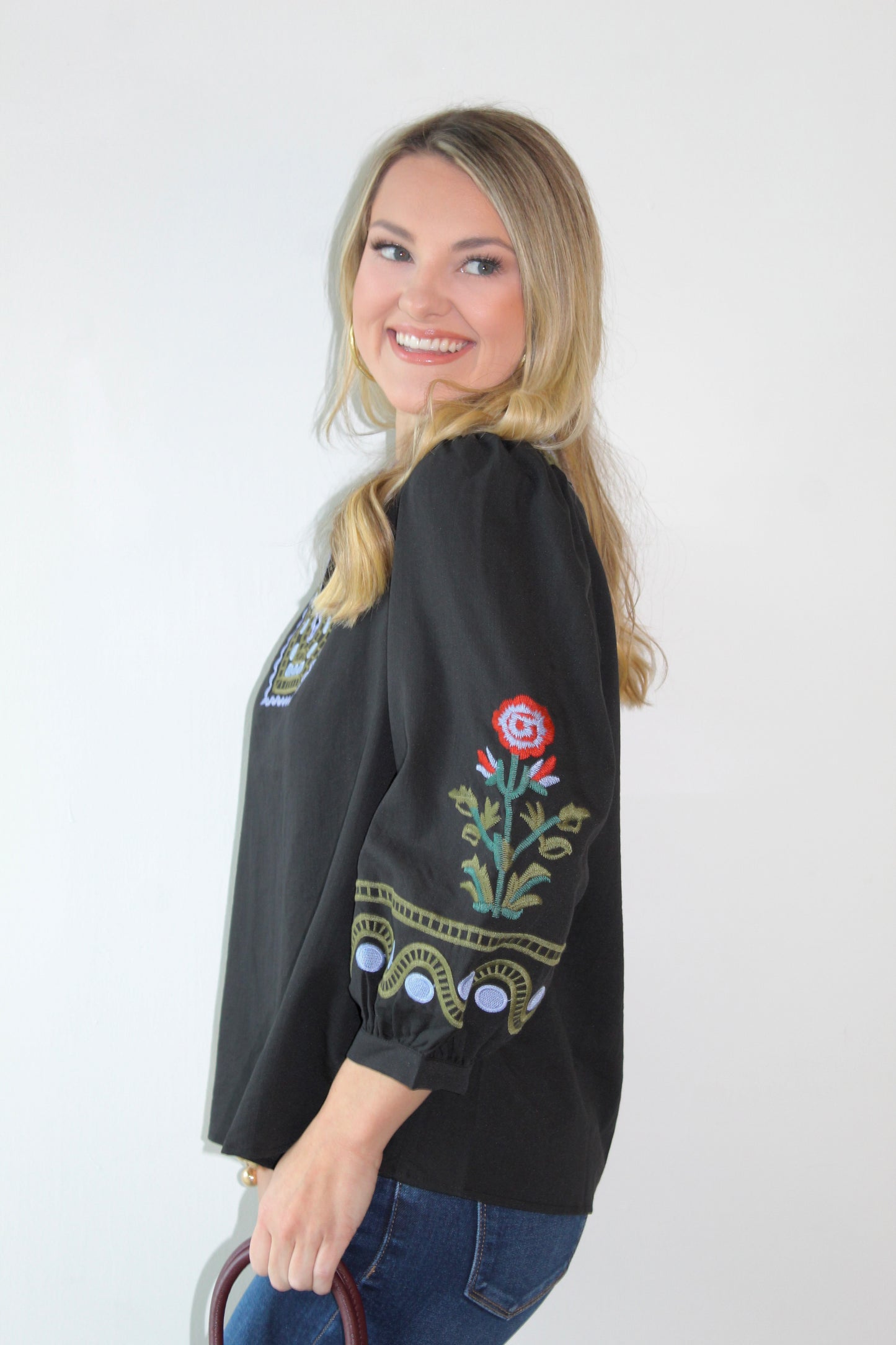 Frankie Embroidered Detail Top - Black