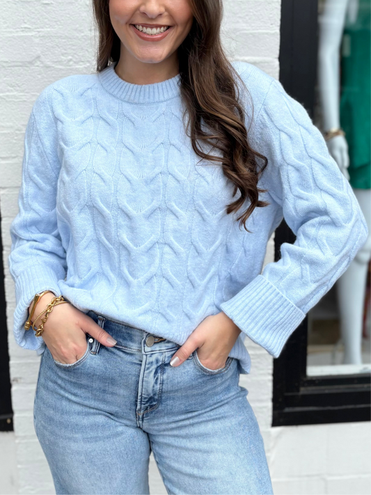 Cable Knit Crew Neck Sweater - Baby Blue