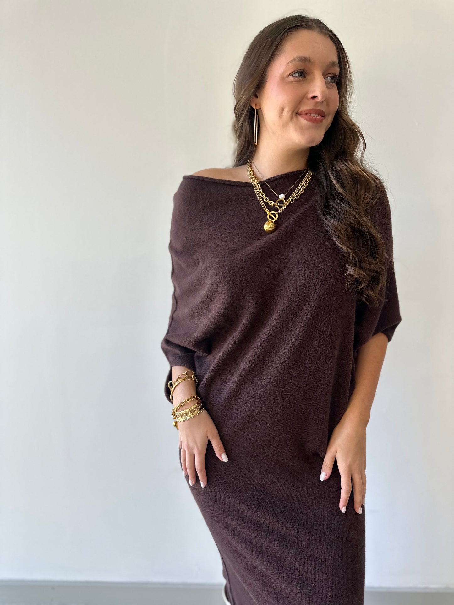 Asymmetrical Sweater Dress - Brown