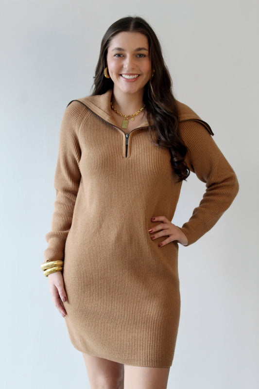 Zip-up Neck Midi Sweater Dress- Camel