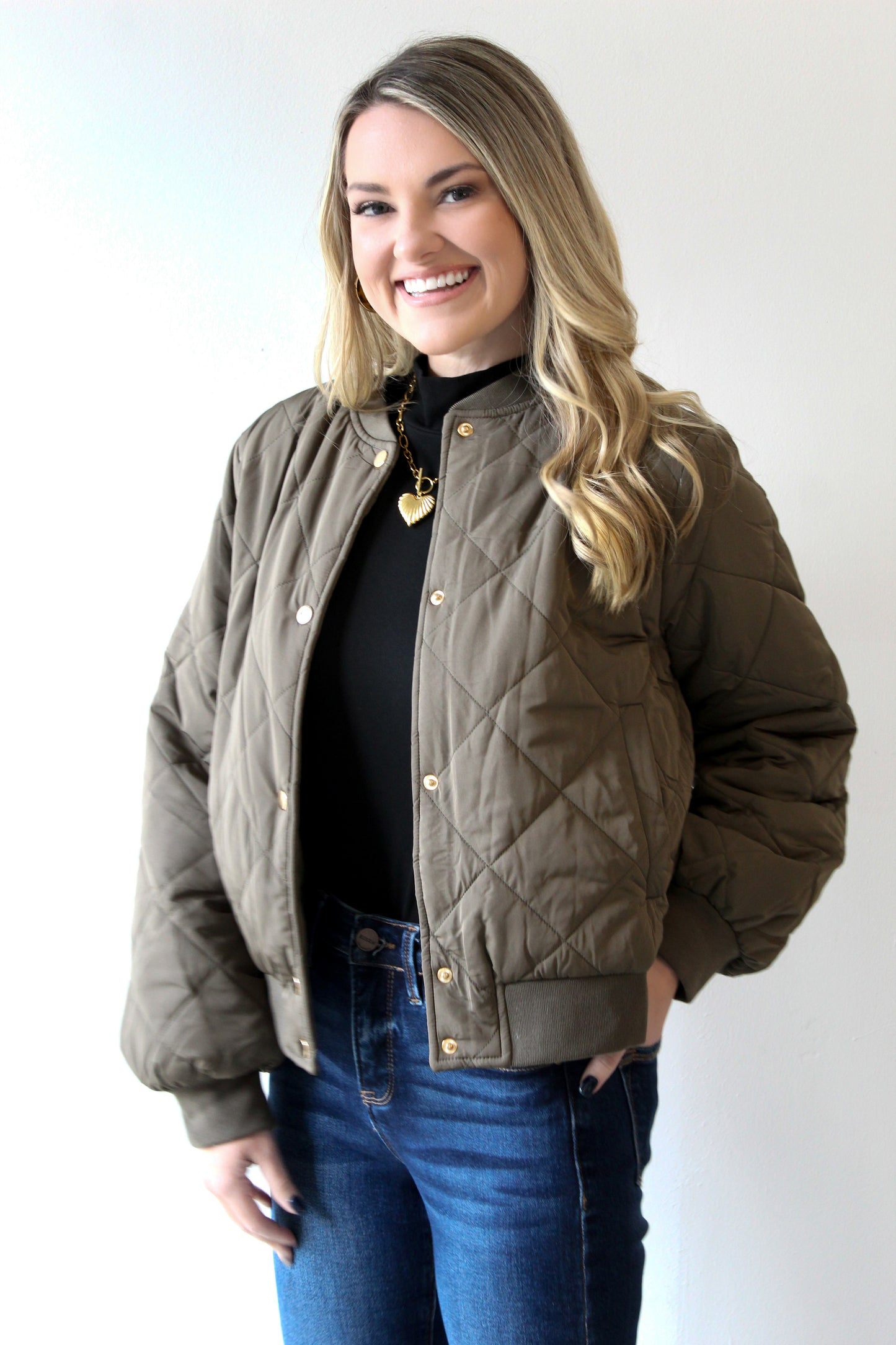 Olive Quilted Bomber Jacket