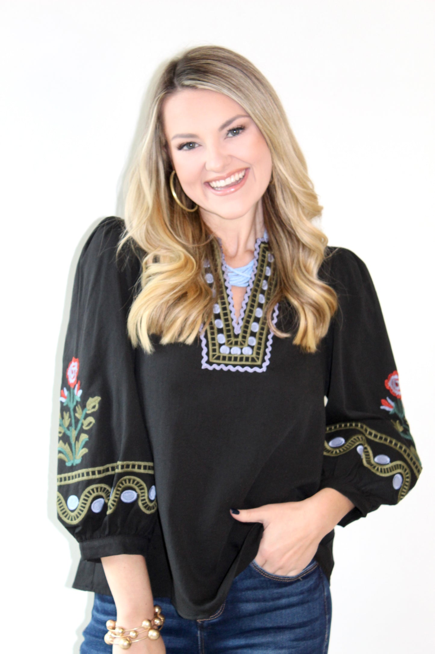 Frankie Embroidered Detail Top - Black