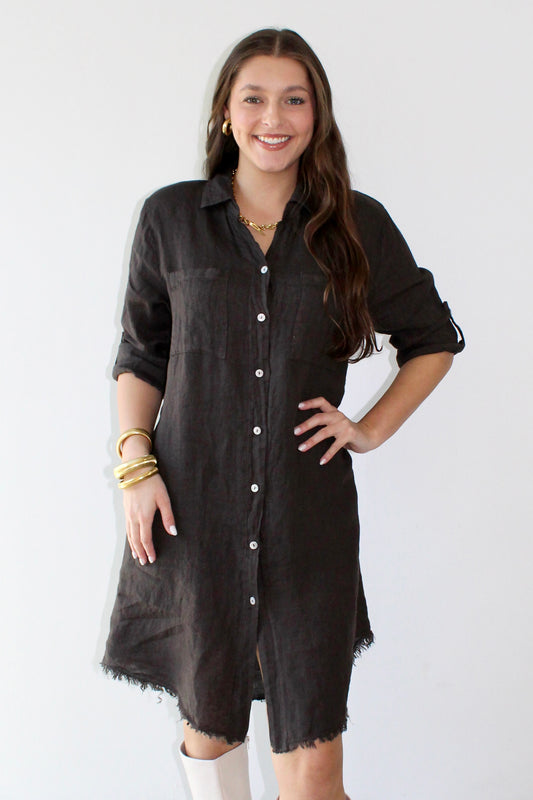 Linen Roll Tab Button Shirt Dress - Brown