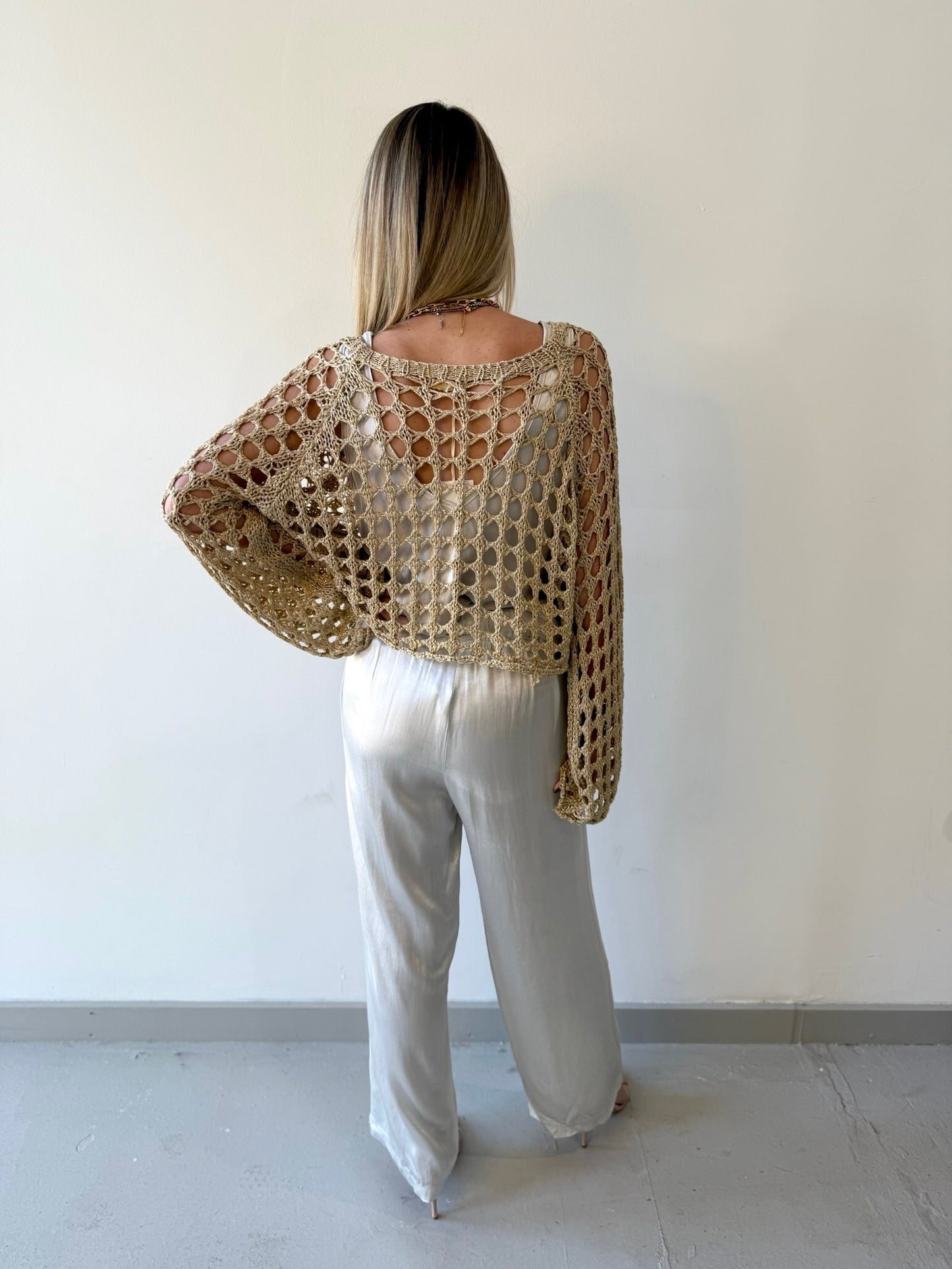 Crochet  Open Bell Sleeve Top  - Gold