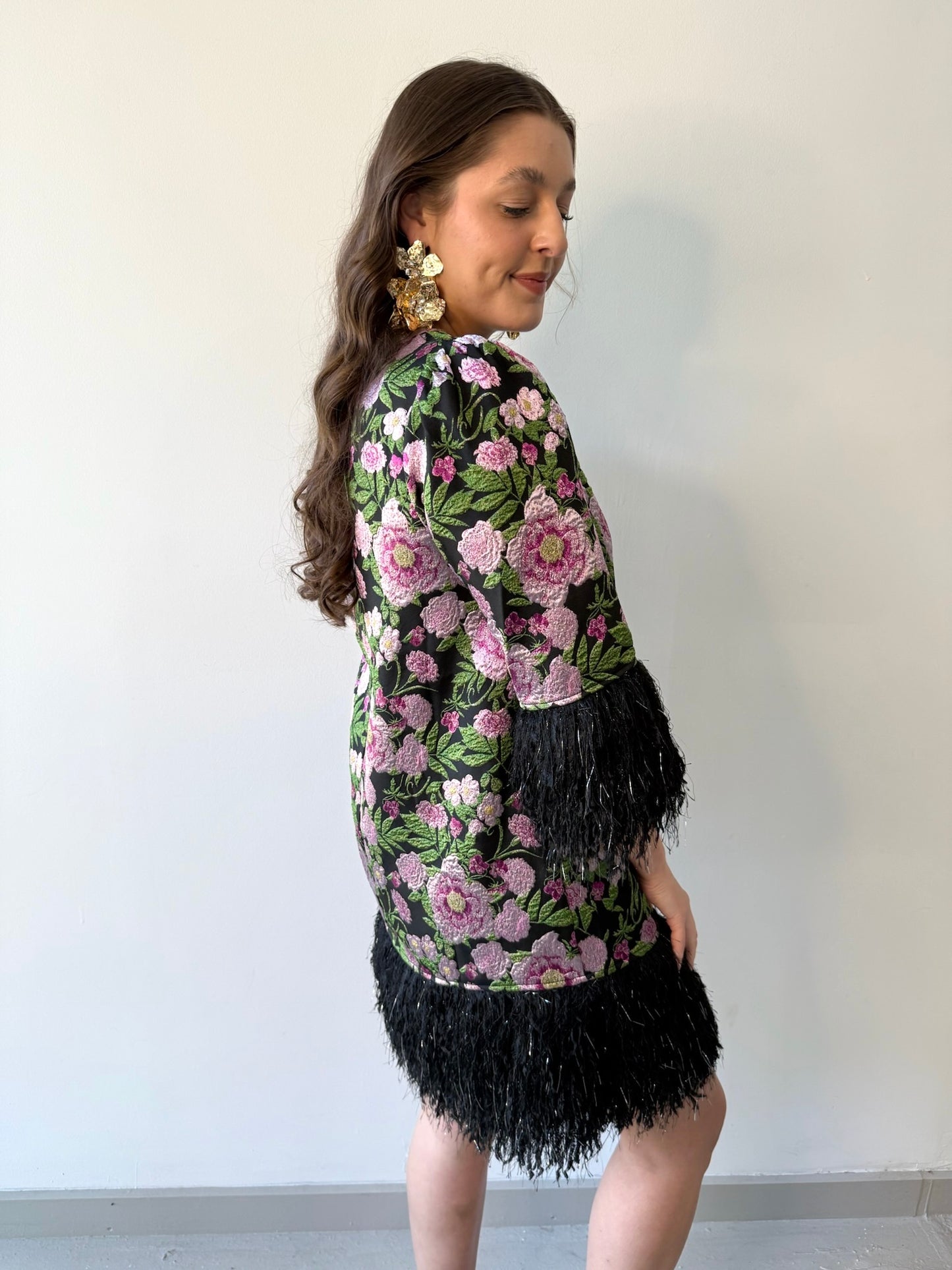 Floral Jacquard & Feather Dress