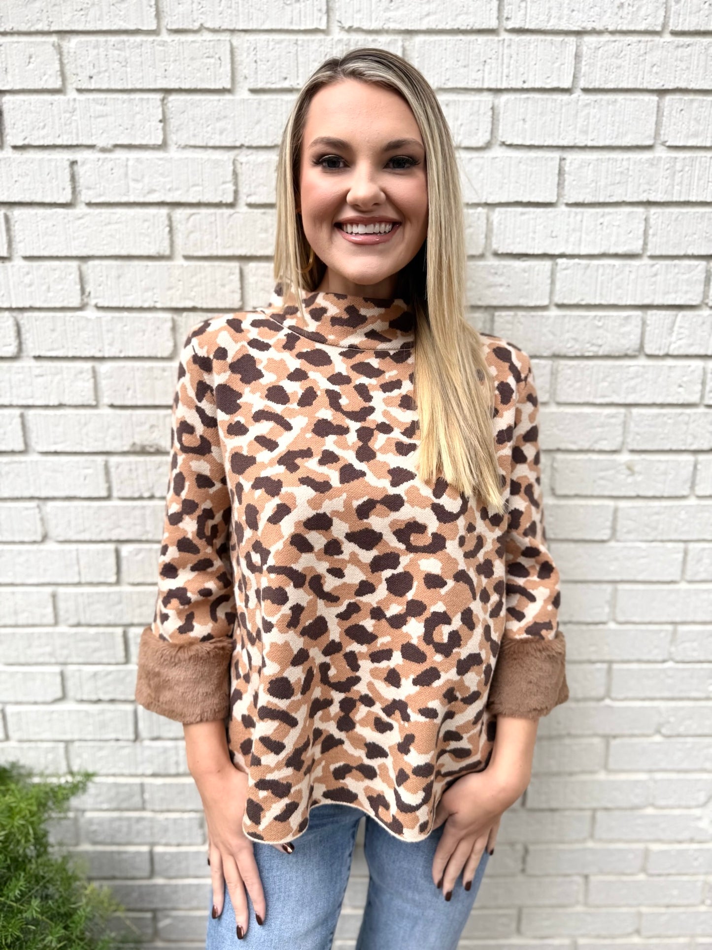 Fur Cuff Animal Print Sweater