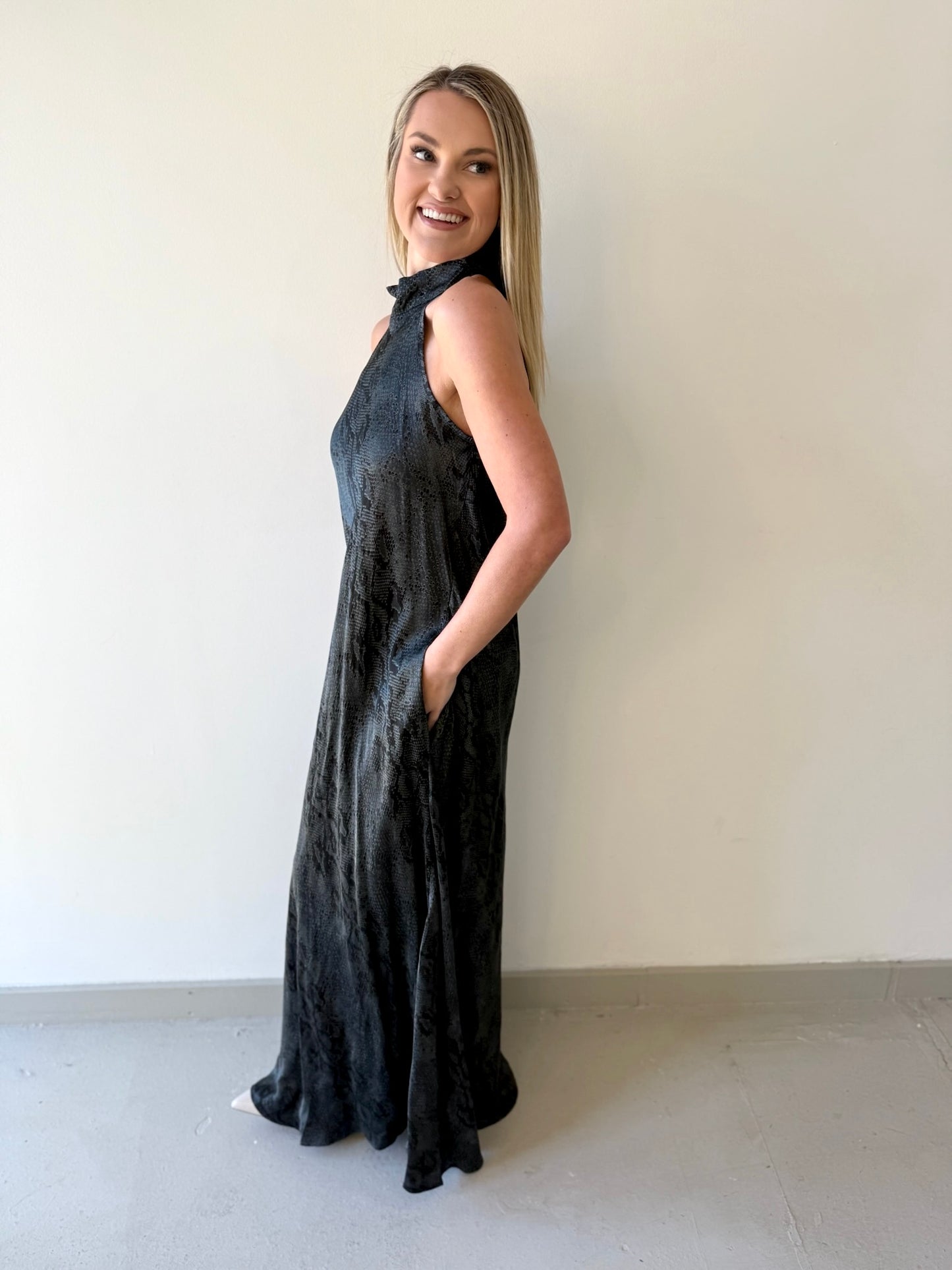 Python Print Mock Neck Maxi Dress