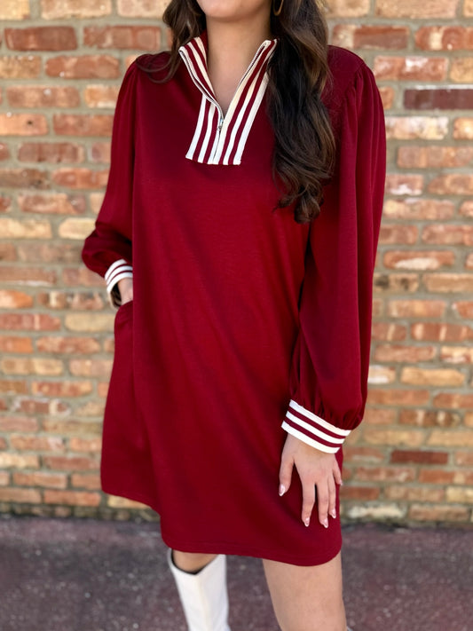 Stripe Contrast Zip Dress - Burgandy