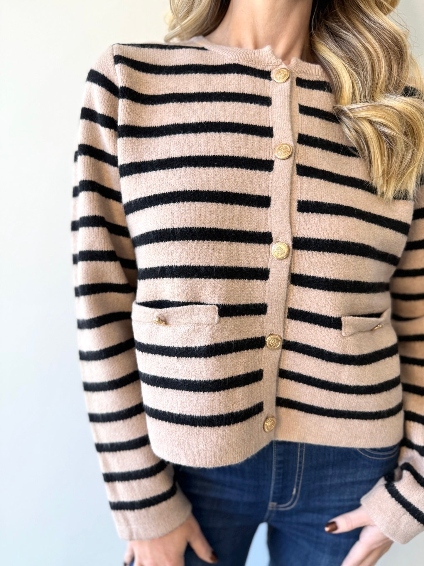 Quinn Striped Crop Cardigan - Taupe