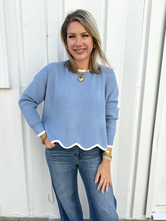 Contrast Scallop Hem Sweater - Misty Blue