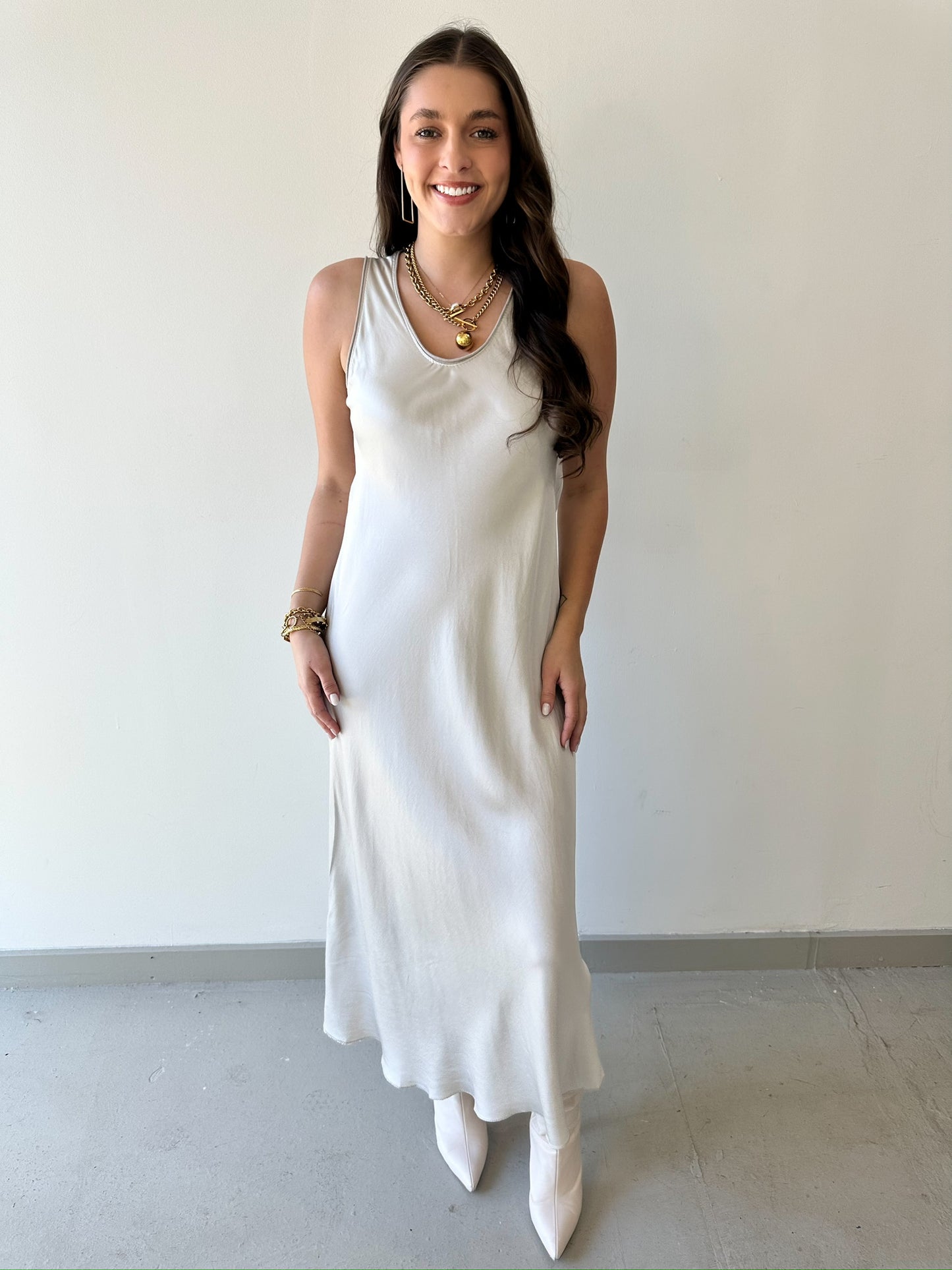 Silk V Neck Cut Maxi Dress - Beige